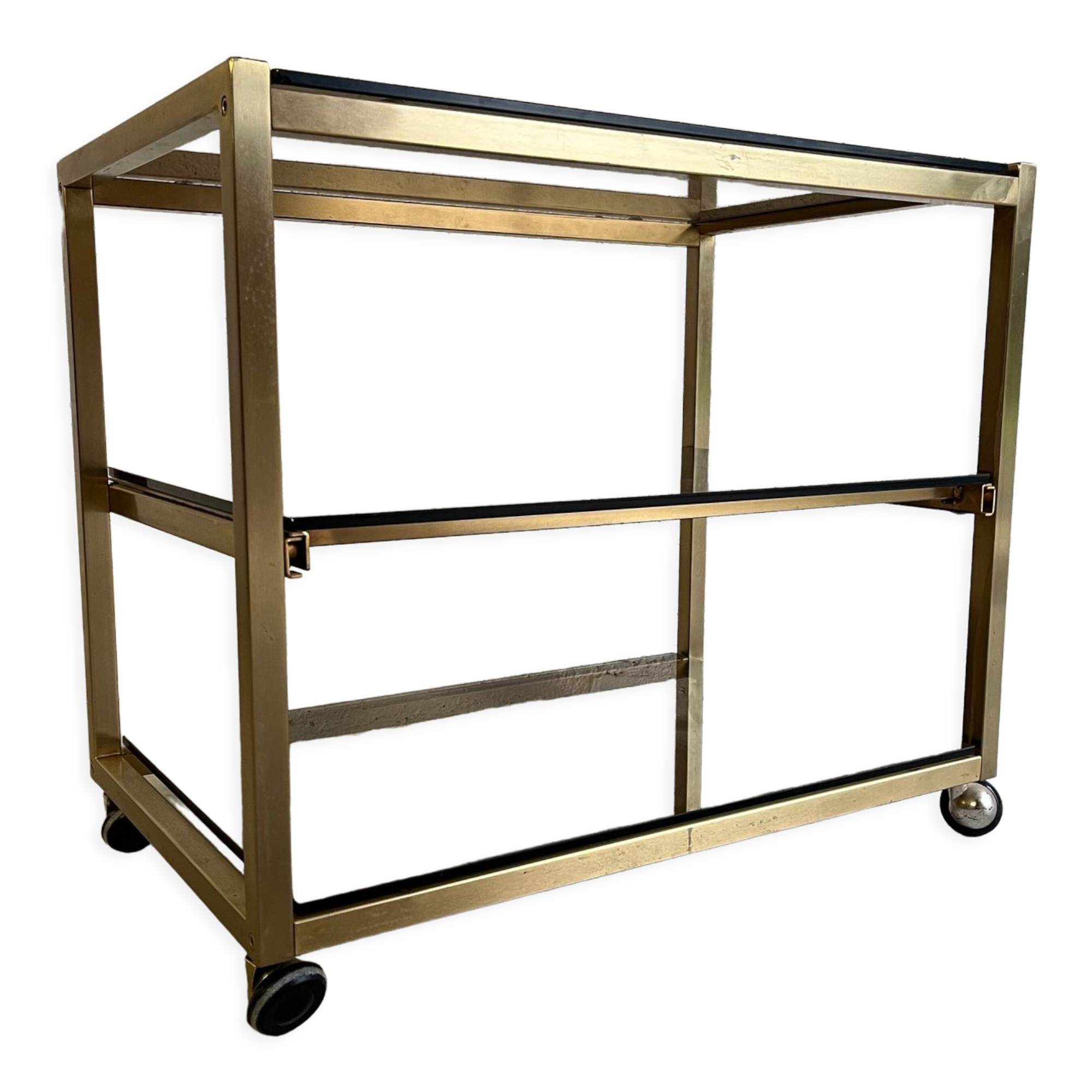 Gold metal and smoked glass serving trolley from the 70s