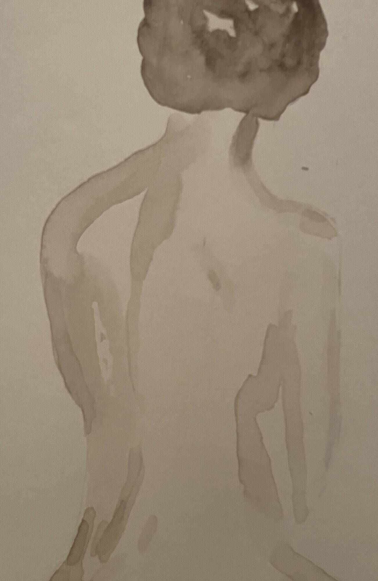 Signed painting monochrome watercolor sepia female portrait "the wait"