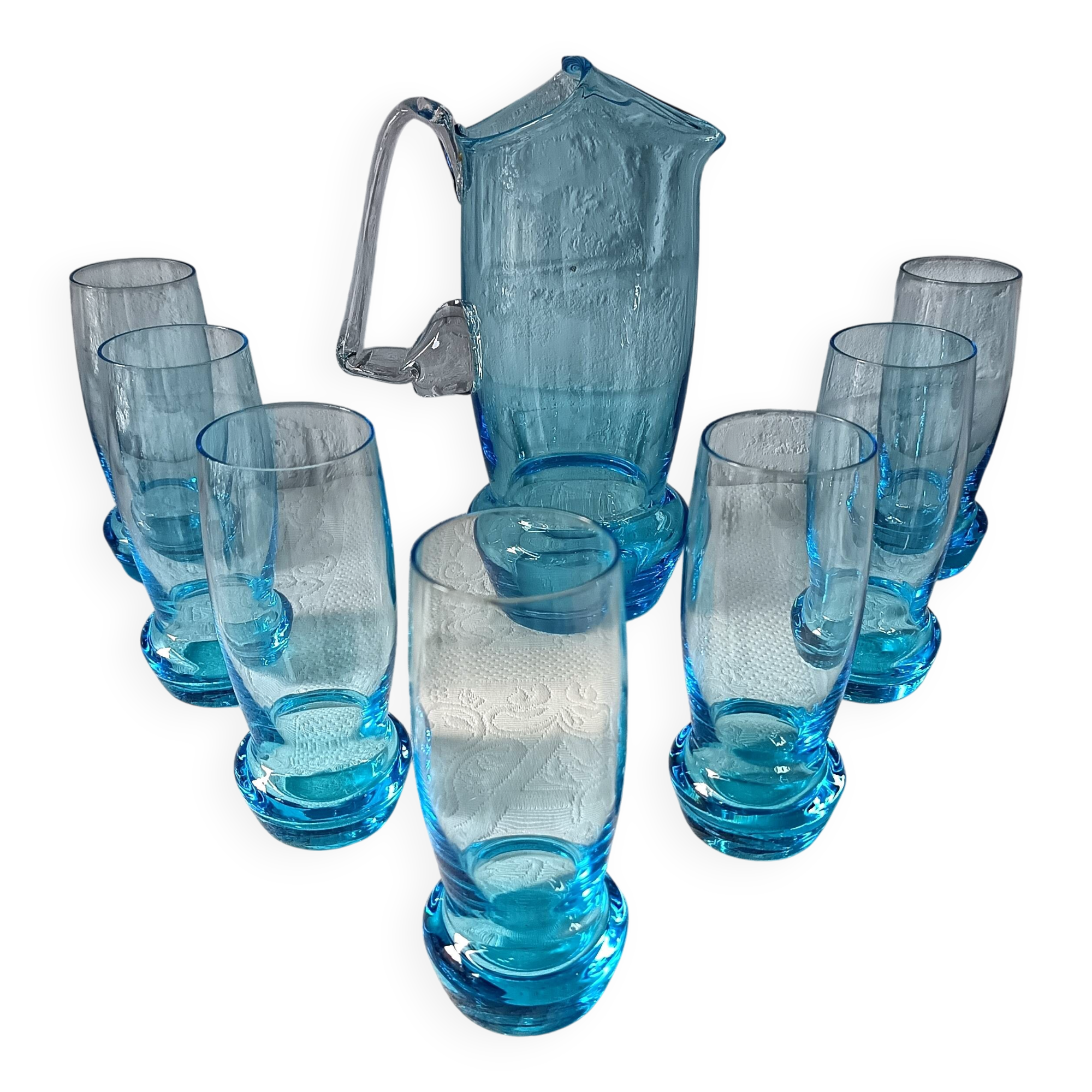 Orangeade set, pitcher and 7 vintage turquoise glasses