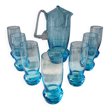 SERVICE à orangeade, pichet et  7 verres vintage verre turquoise