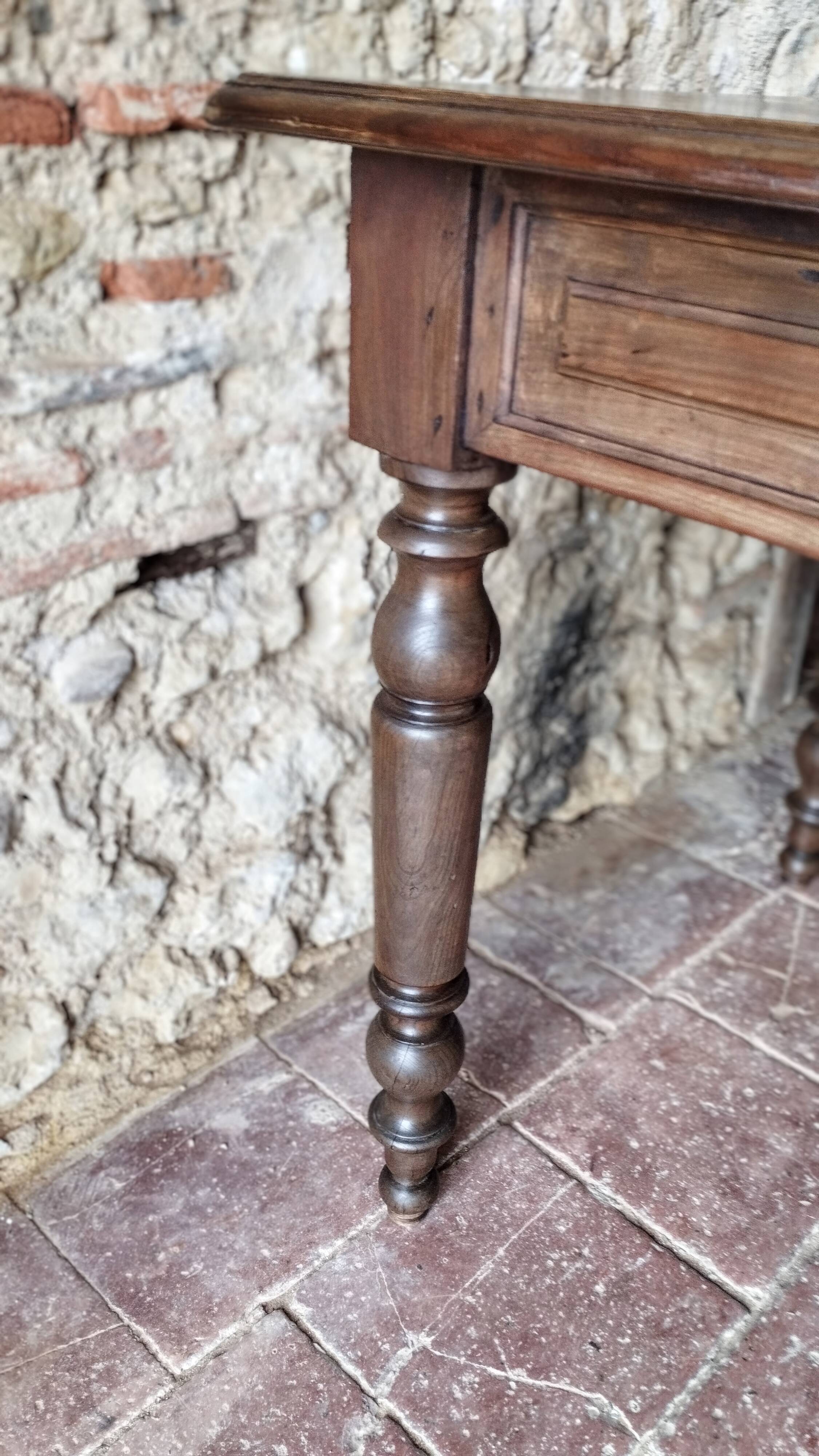 Old French farmhouse table in walnut, turned legs, waxed finish