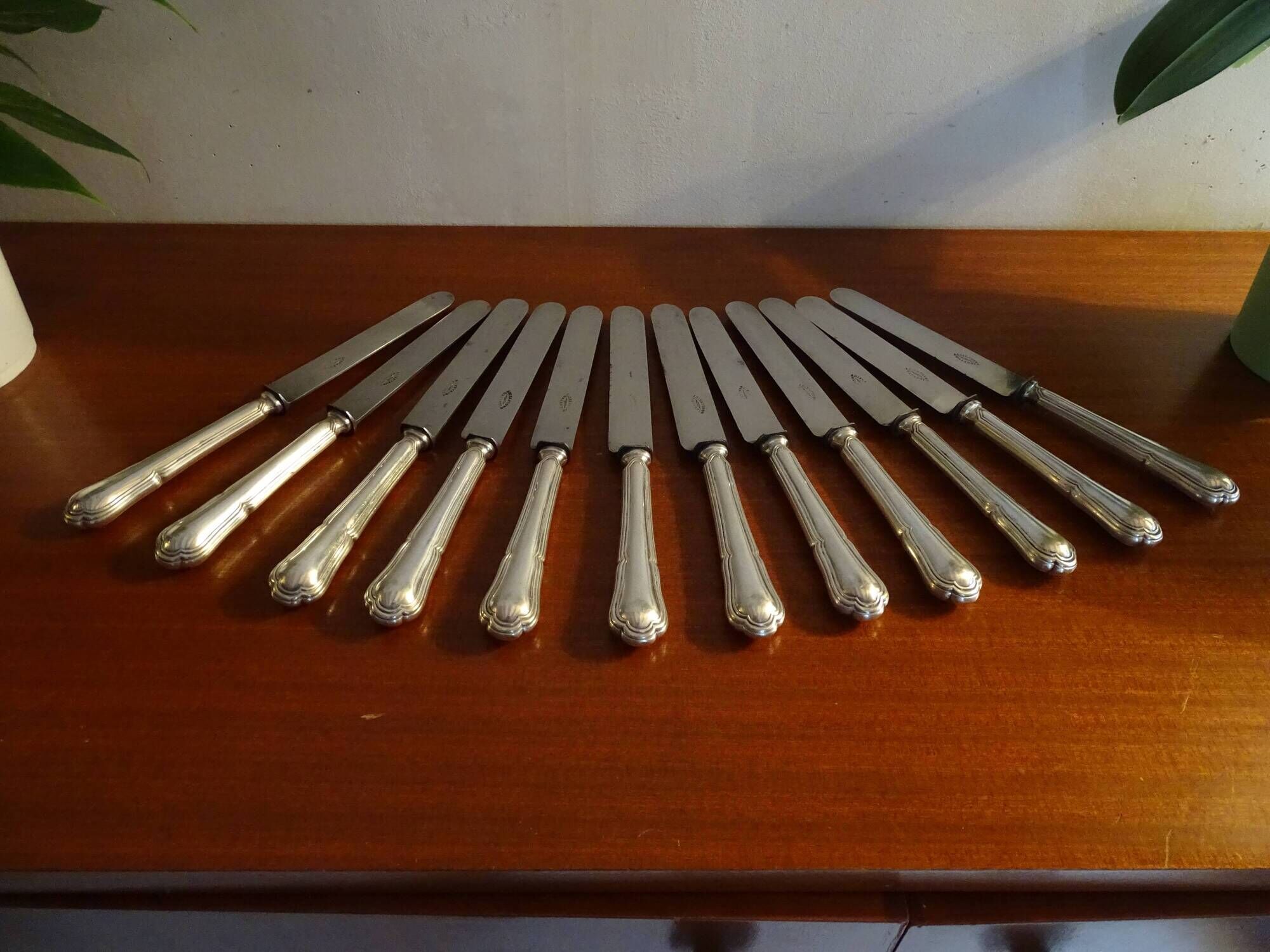 12 antique Art Deco knives silver metal and molten steel blades