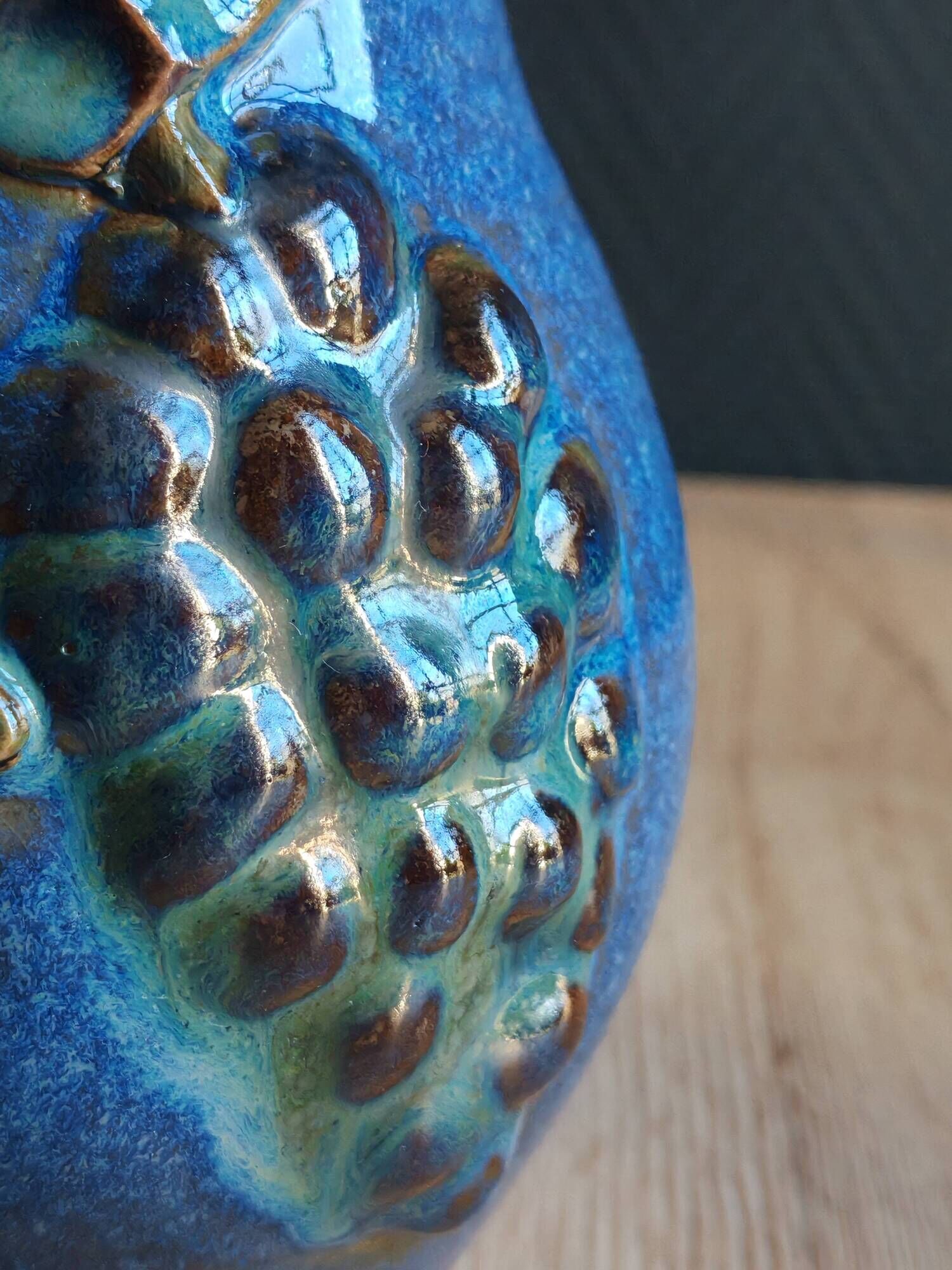 Vintage Blue Stoneware Jug with Grape Cluster Pattern, Ceramic Vase