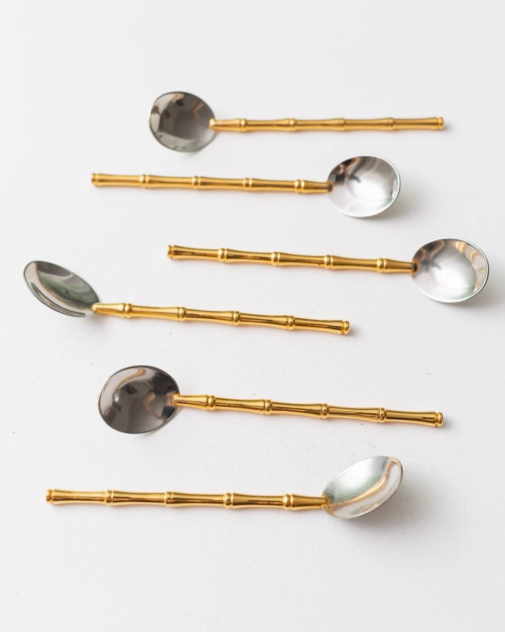 Two-Tone Gucci Bamboo Spoons Set - Gold-Plated Handles, Silver Bowls, Vintage 1970s Mid-Century Design