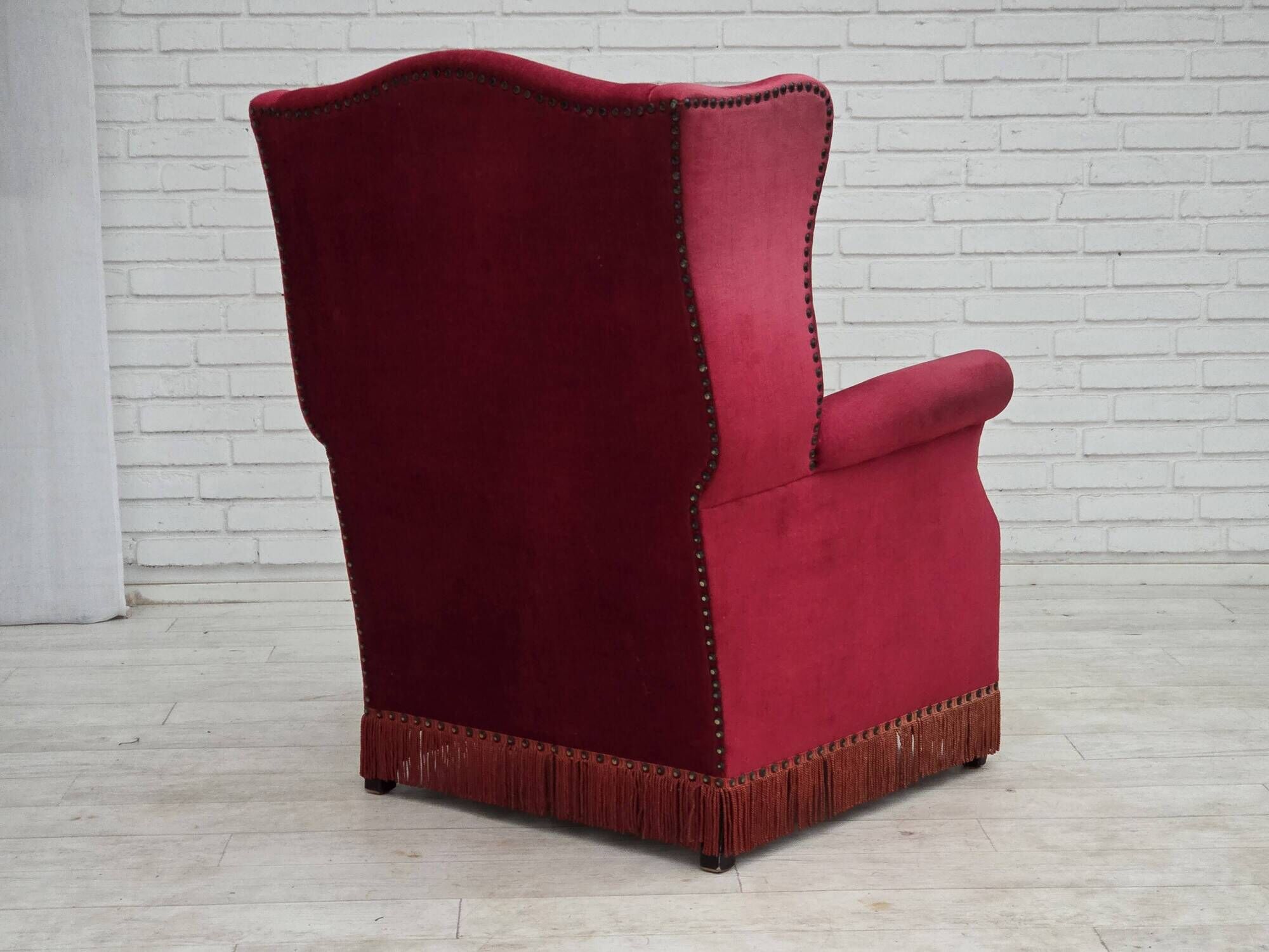 1970s, Danish highback armchair, furniture velour, ash wood legs.