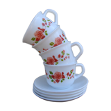 Series of 4 cups et under cups pink patterns Arcopal 80s