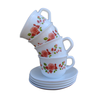 Series of 4 cups et under cups pink patterns Arcopal 80s