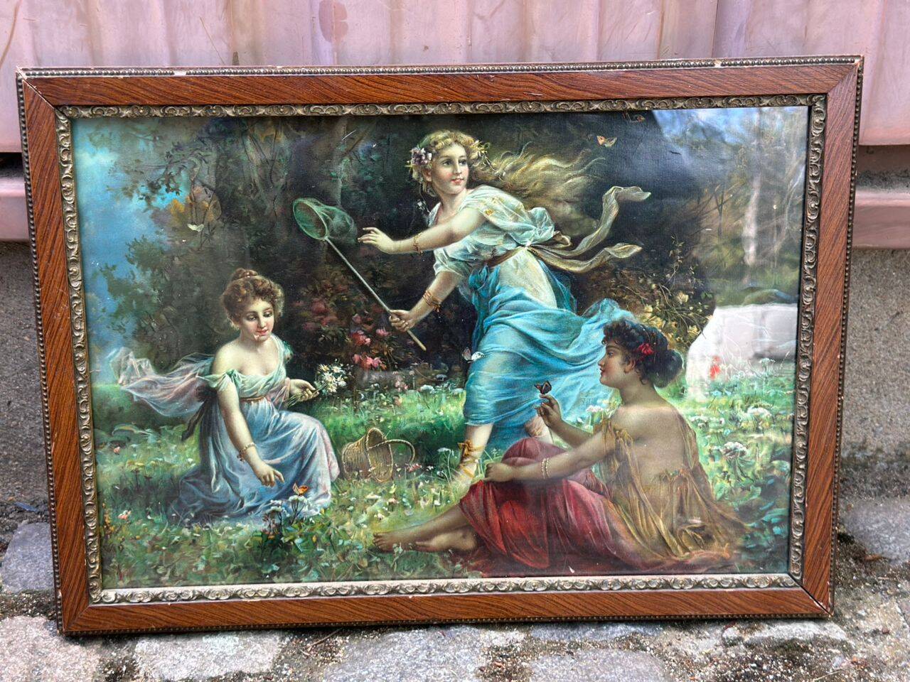Lithographic tableau of a bucolic scene from the 20th century.