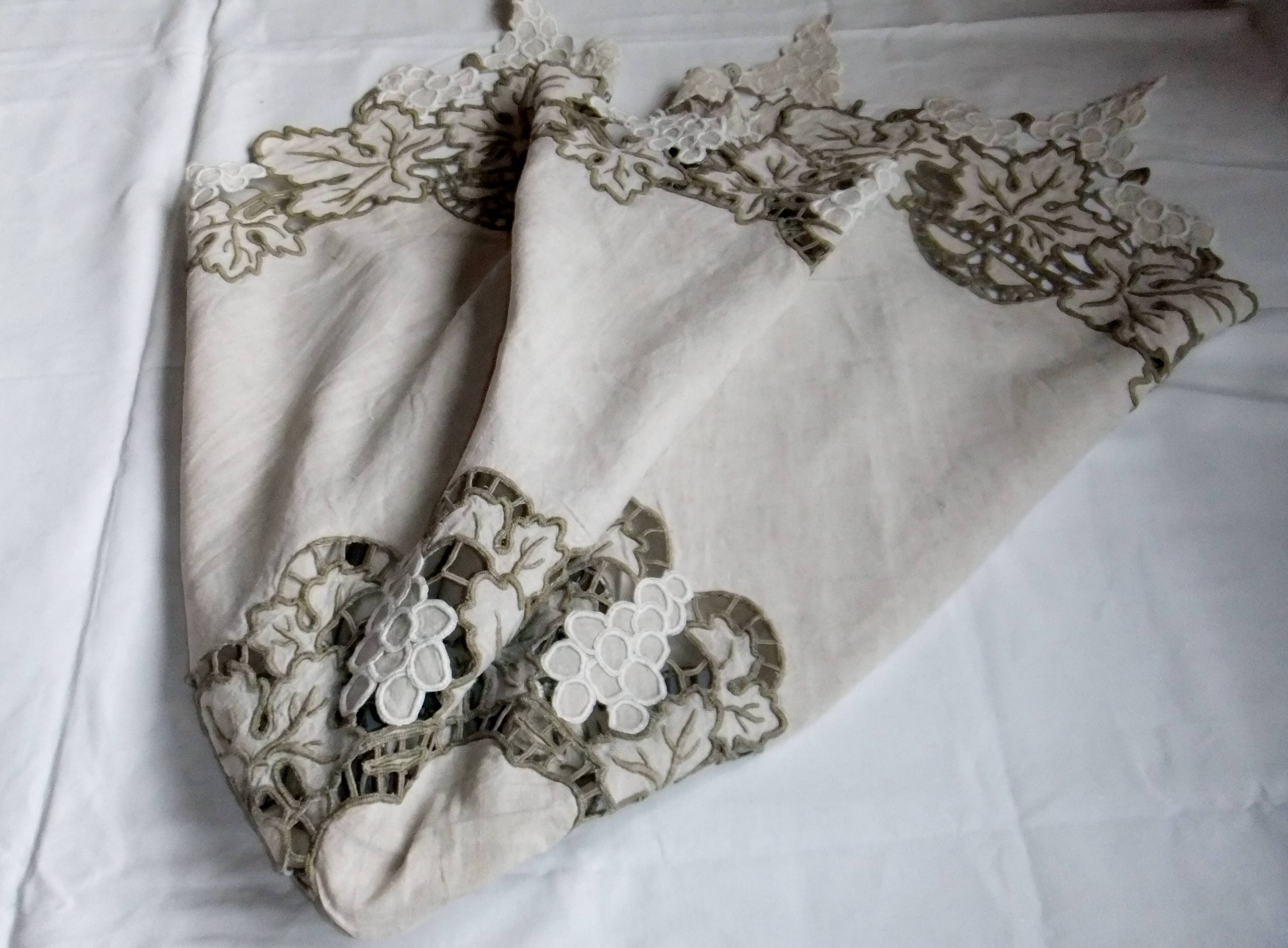 Antique linen tablecloth embroidery Richelieu scalloped linen centerpiece 128 cm