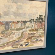 Original Swedish Oil On Panel – “Seaside Town” – Vintage & Framed – 57 × 39 Cm (22.4" × 15.4")