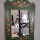 Miroir ancien en bois peint à la main polychrome vert forêt et roses rouges orangées