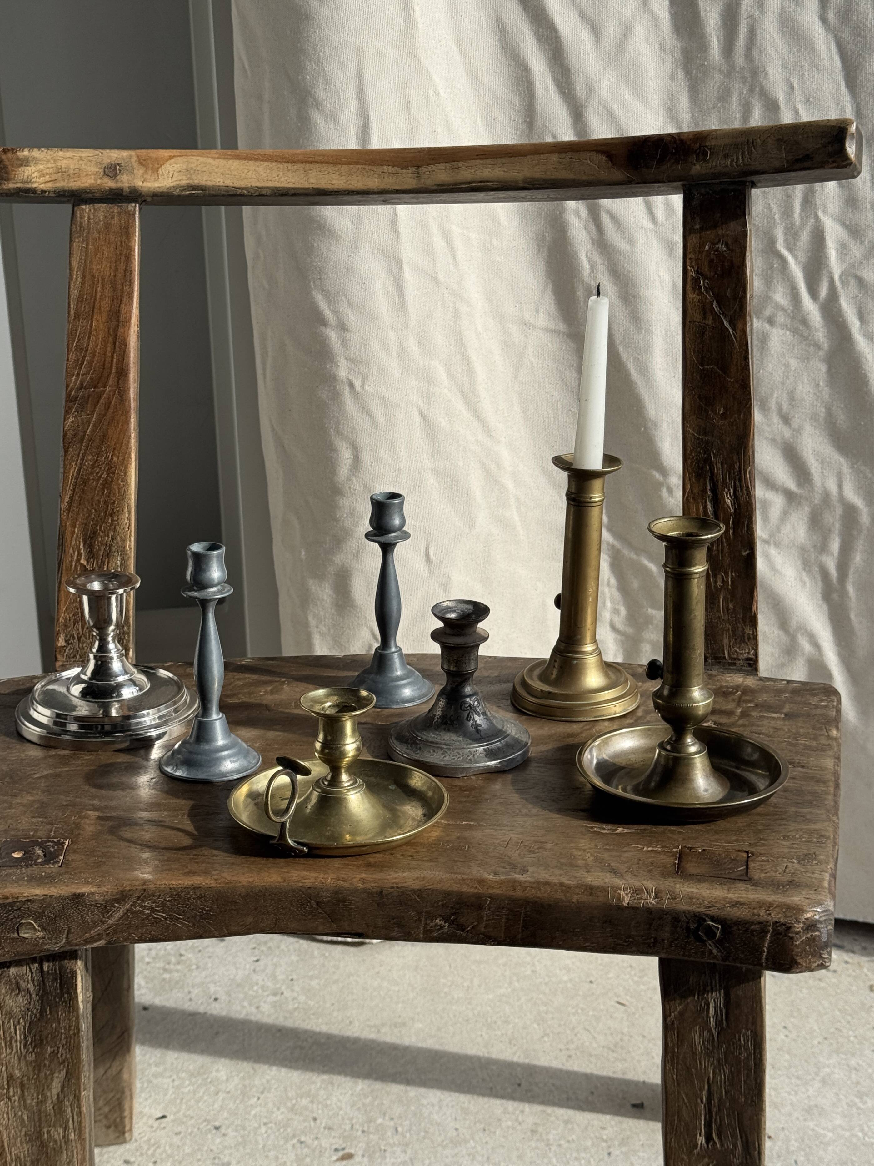 Small antique candle holder engraved in silver-plated metal, in its original condition.