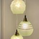 Suspension triple globes vintage art déco en verre vert et doré