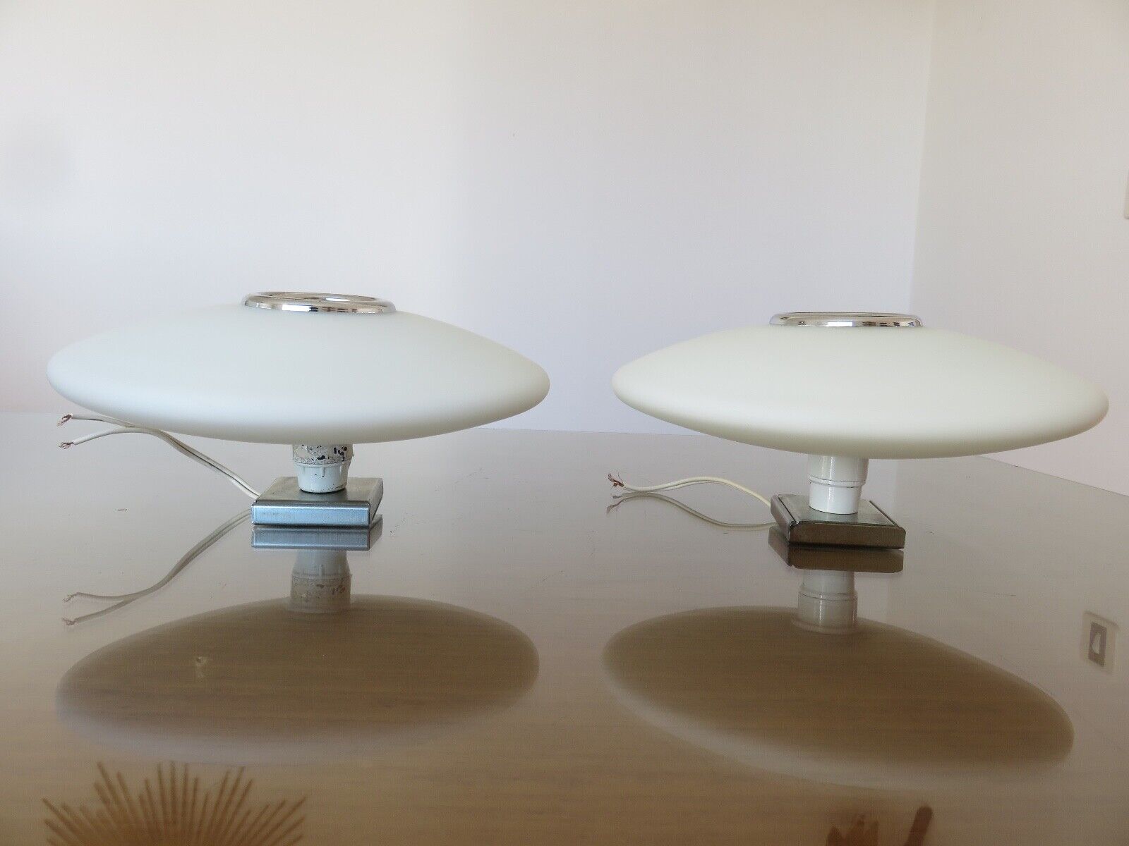 Pair of wall lamps saucer space age in white opaline 1970
