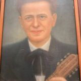 PORTRAIT OF A MAN AND HIS GUITAR OIL PAINTING 1940S