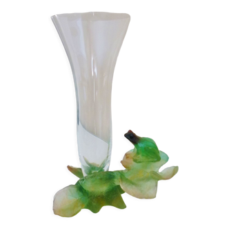 Frog vase and water lilies, crystal and glass paste, signed Daum in his box