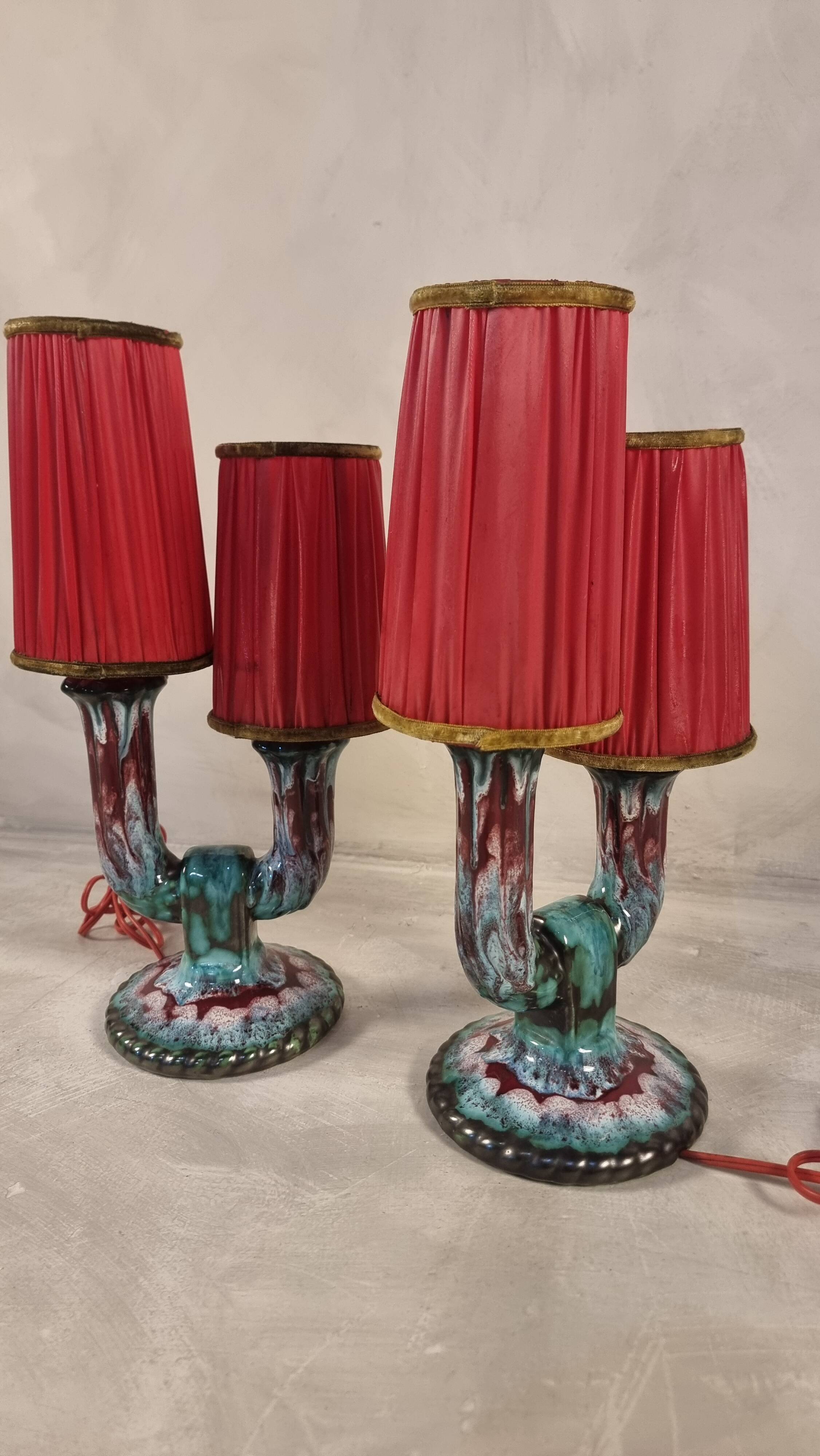 French Double Arm Longwy Pottery Enamel Table Lamps