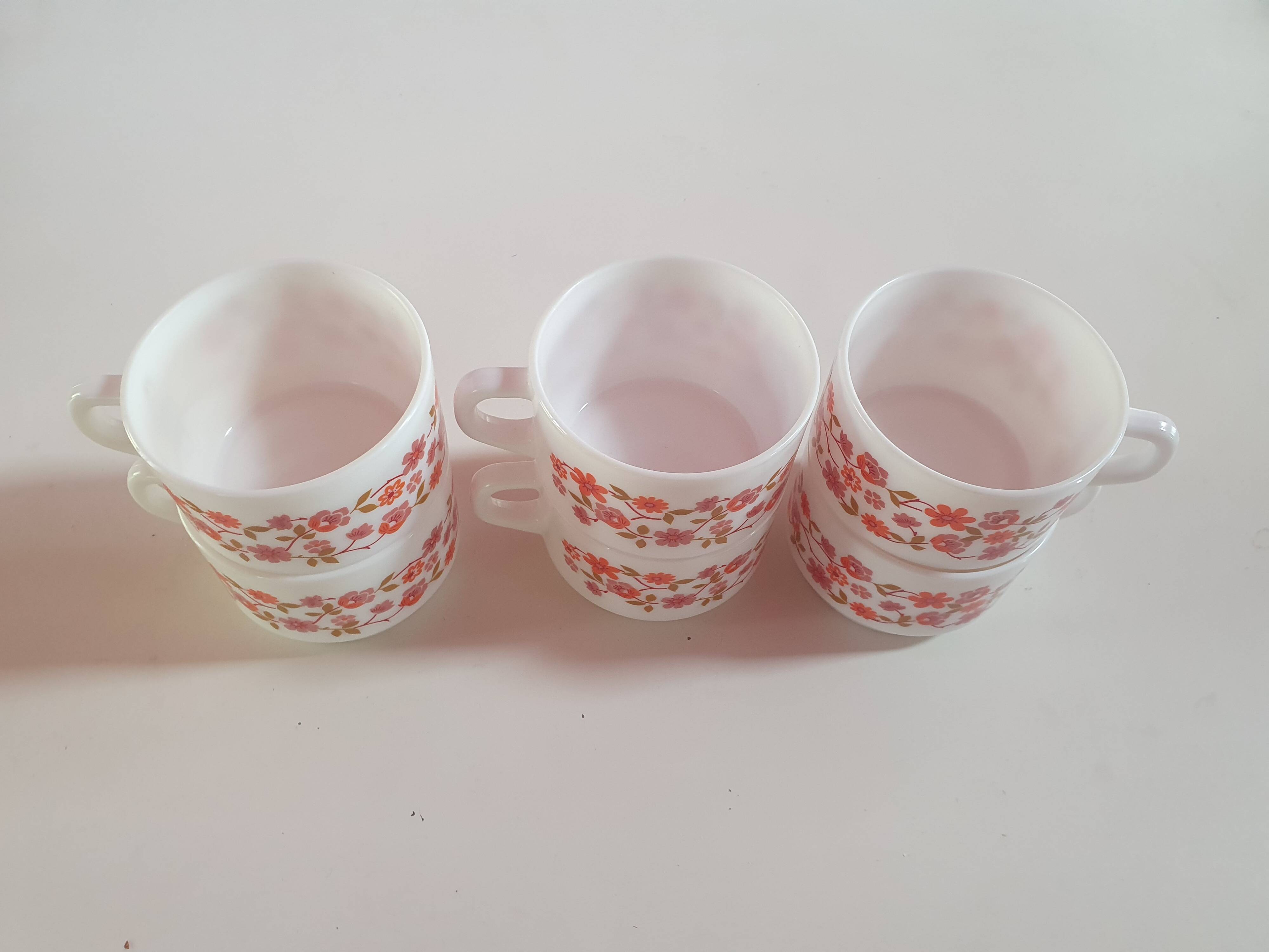 set of 6 vintage Arcopal Scania mugs with small orange liberty flowers from the 70s