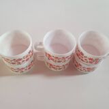 set of 6 vintage Arcopal Scania mugs with small orange liberty flowers from the 70s