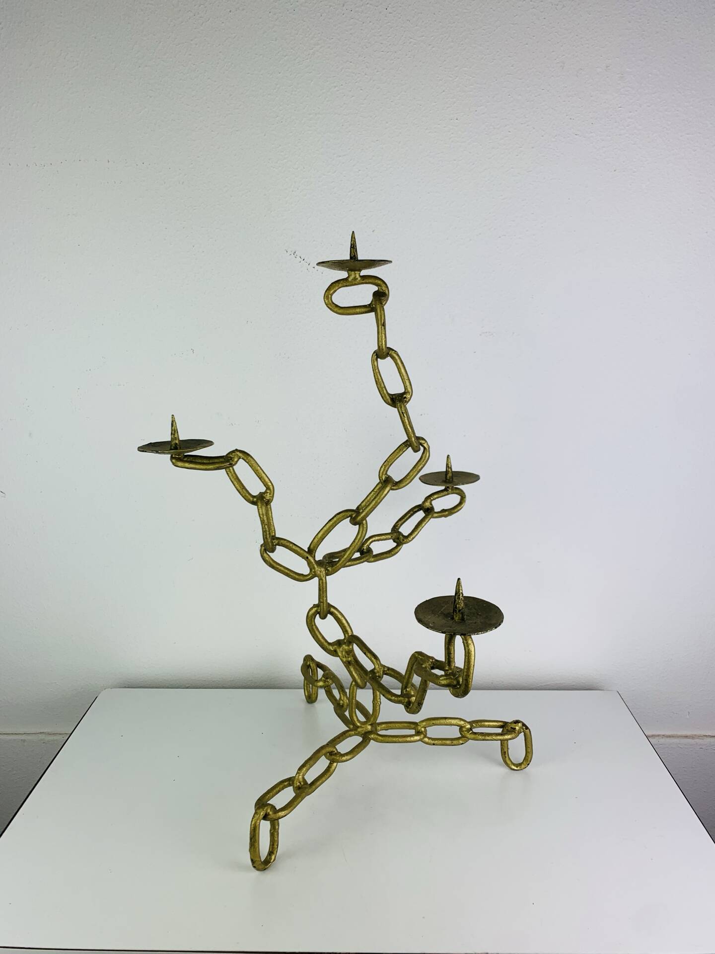 Brutalist candle holder, wrought iron, chain links, gold patina.