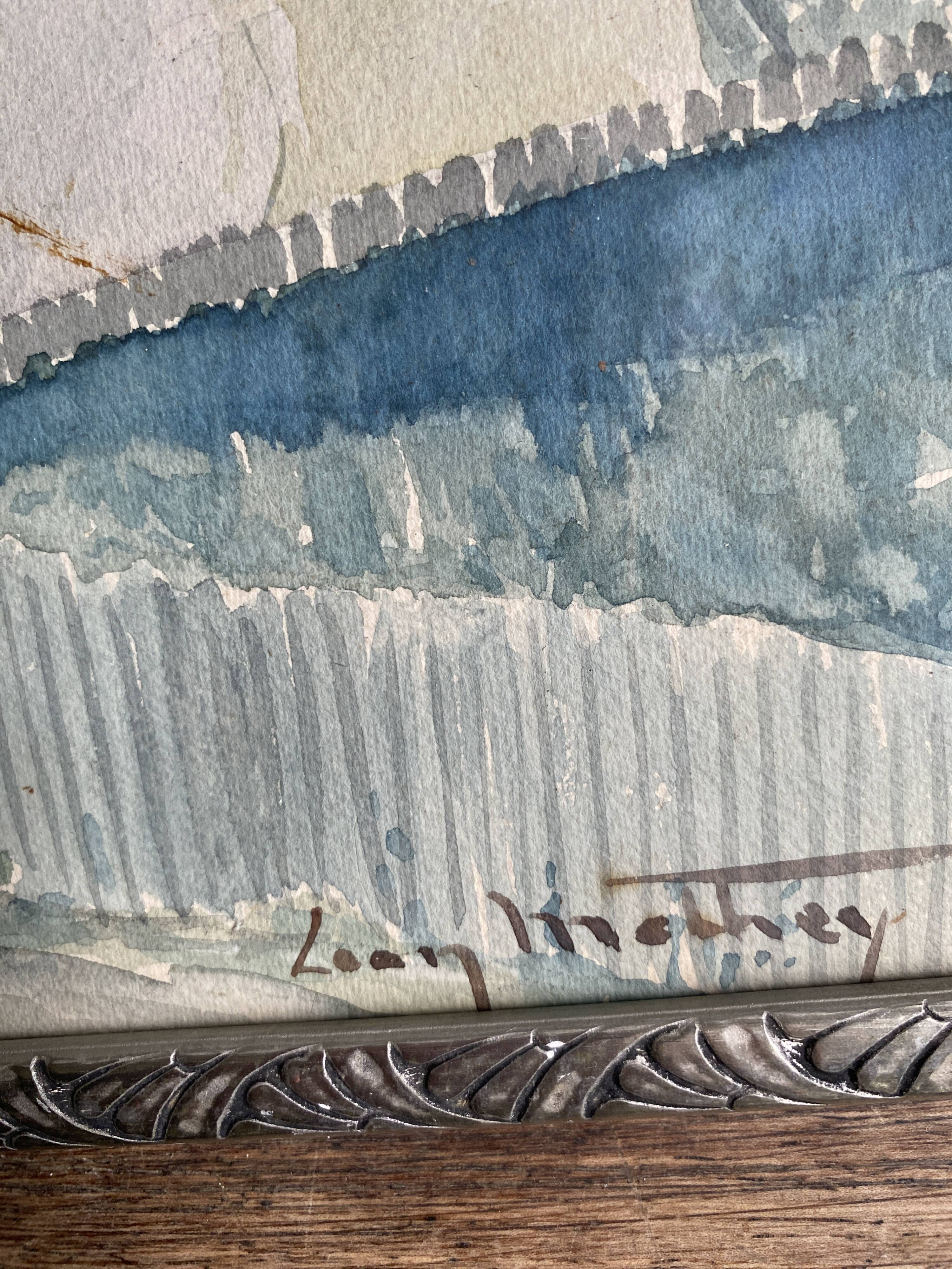 Aquarelle 1920, cadre bois sculpté argenté