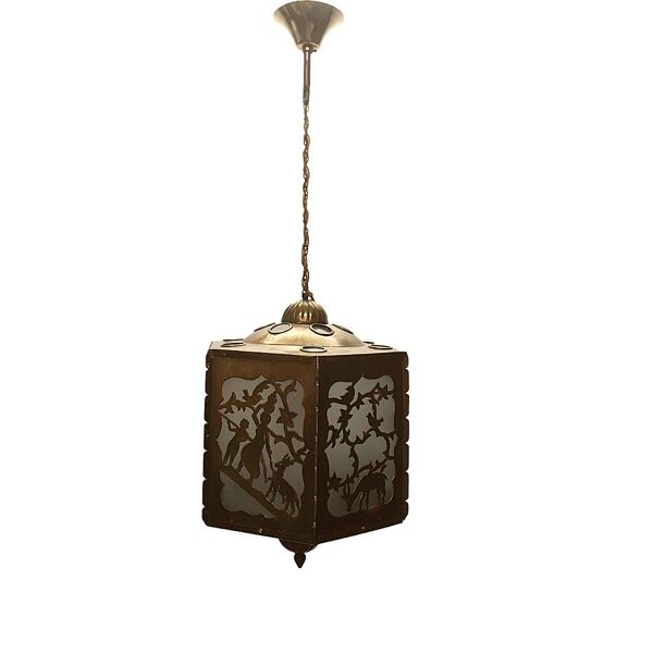 Lampe à suspension antique en laiton scié ajouré, début des années 1900