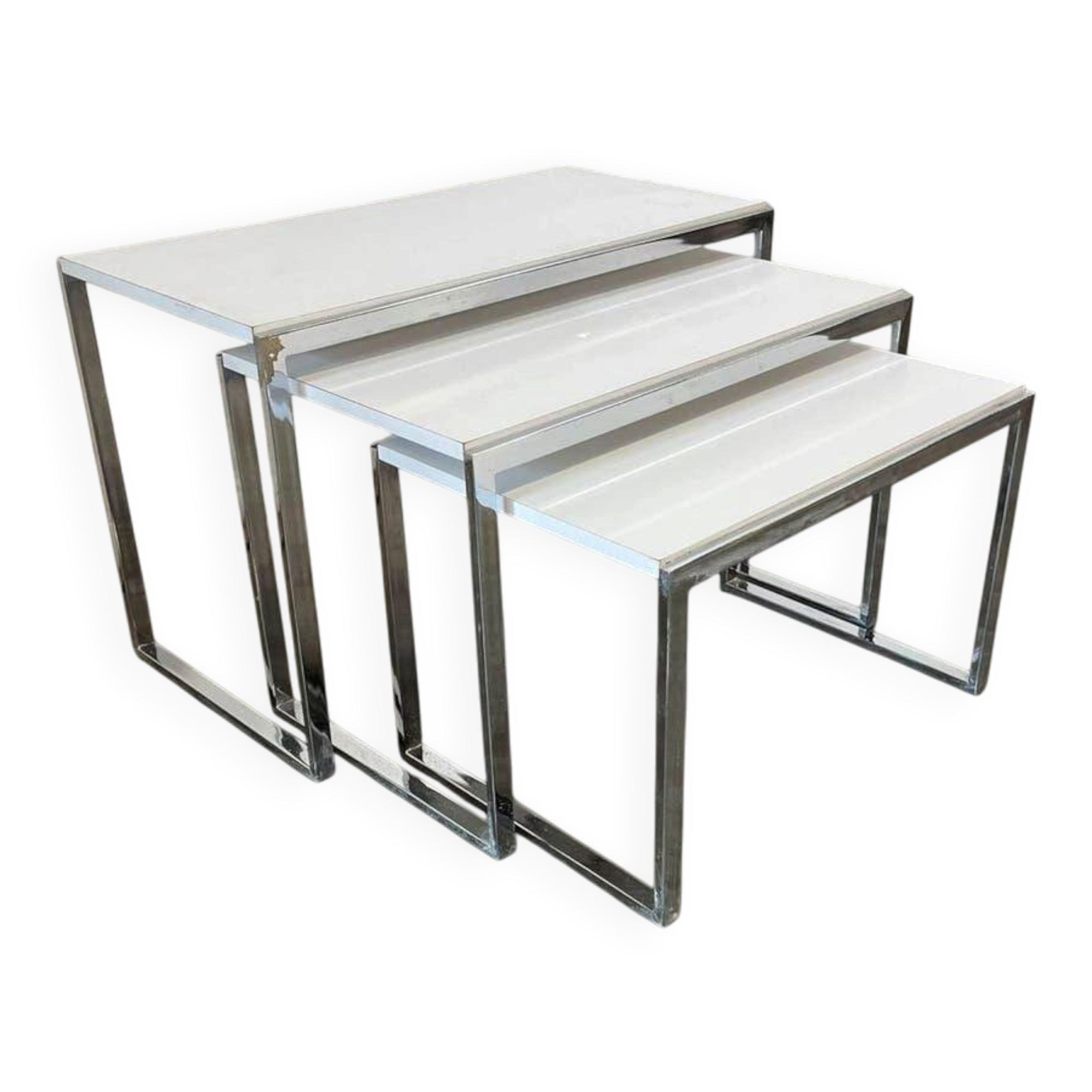 Set of 3 vintage nesting tables / chrome/marble side tables.