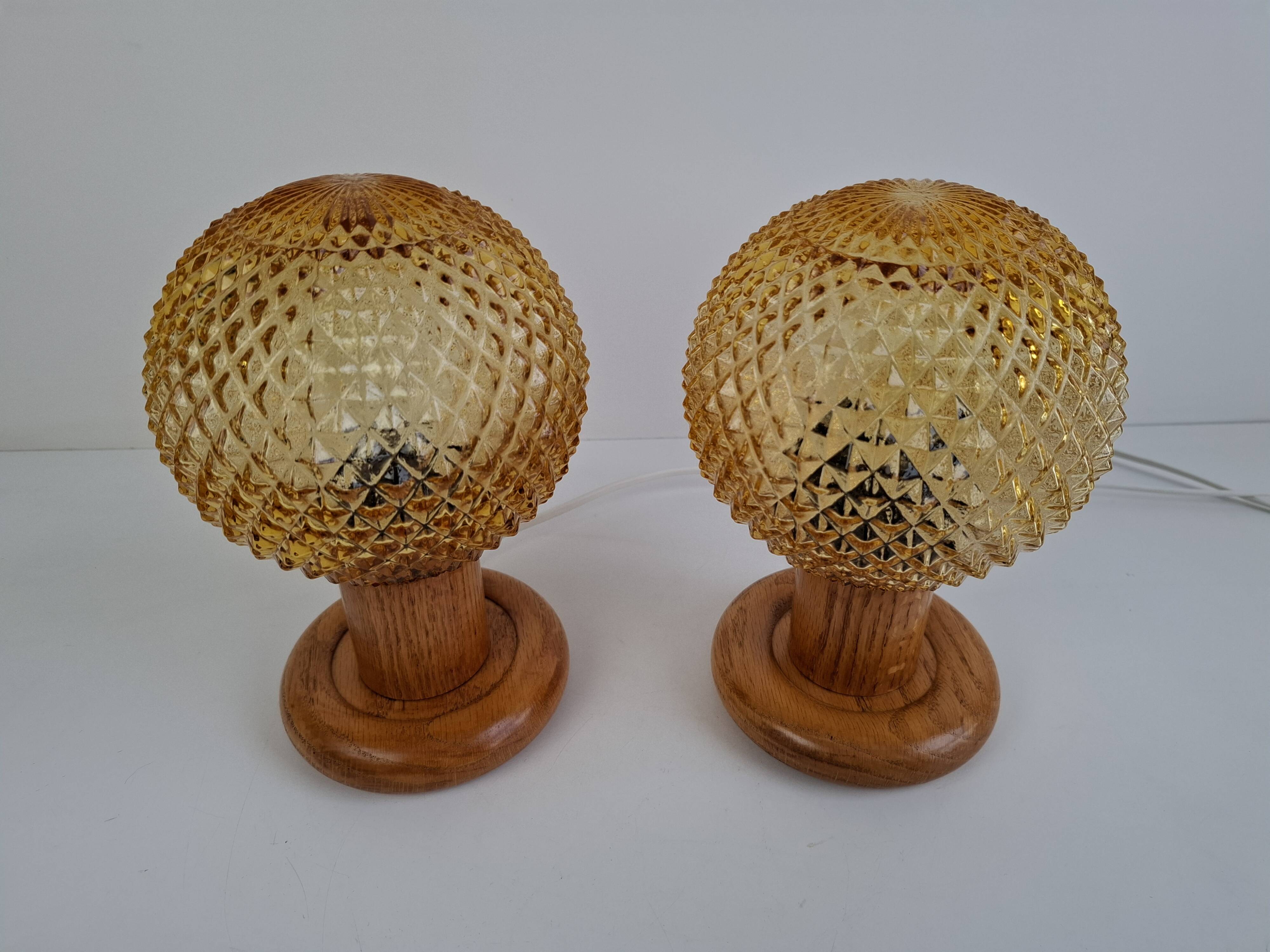 Pair of Mid-Century Table Lamps with Amber Glass and Wooden Base