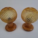 Pair of Mid-Century Table Lamps with Amber Glass and Wooden Base
