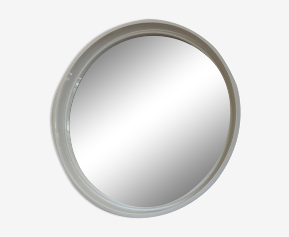 Vintage mirror round contours plastic white Gilac France 40x40cm