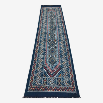 Handmade blue corridor margoum carpet in pure wool