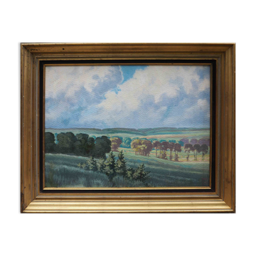 Tableau HSP Paysage ensoleillé Champs et forêts signé 1956 + cadre