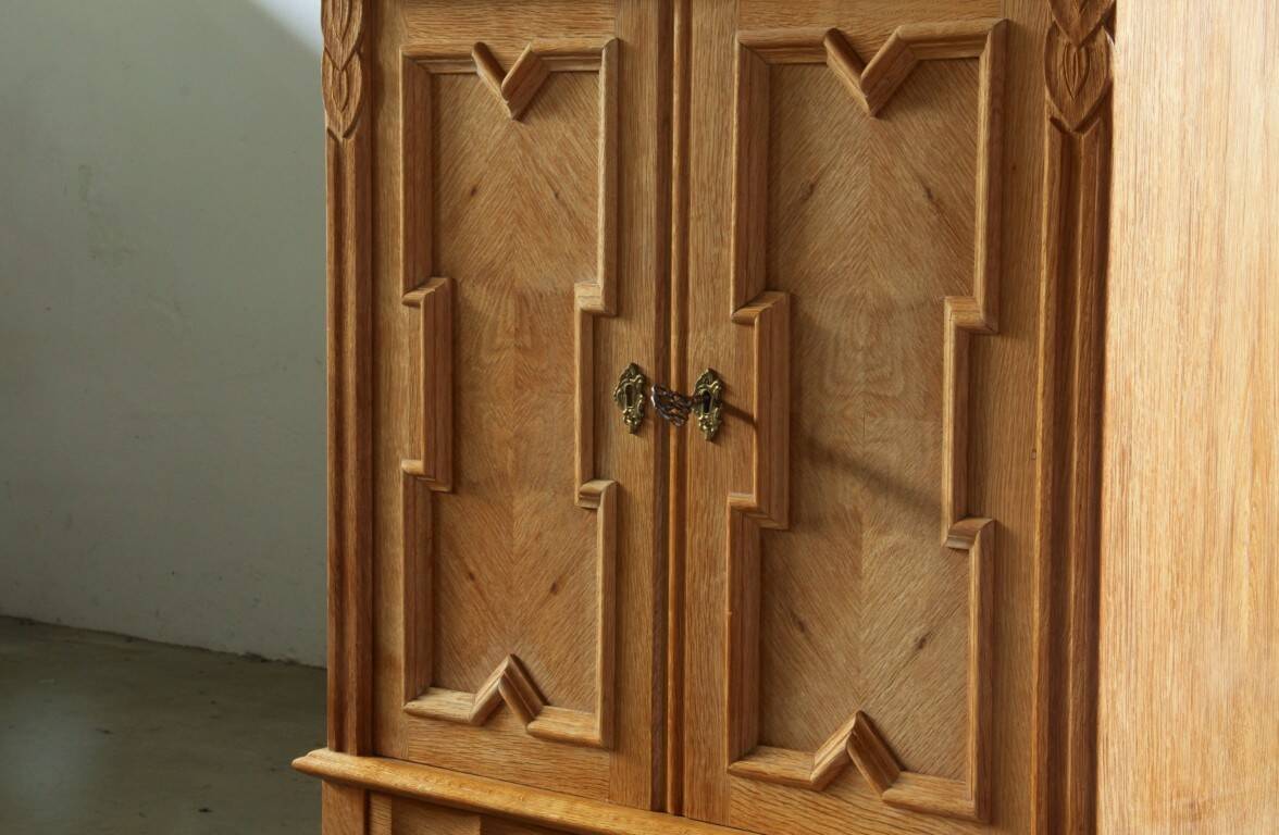 Vintage Danish Chevron Oak Cabinet, Henning Kjærnulf Baroque style, 1960s