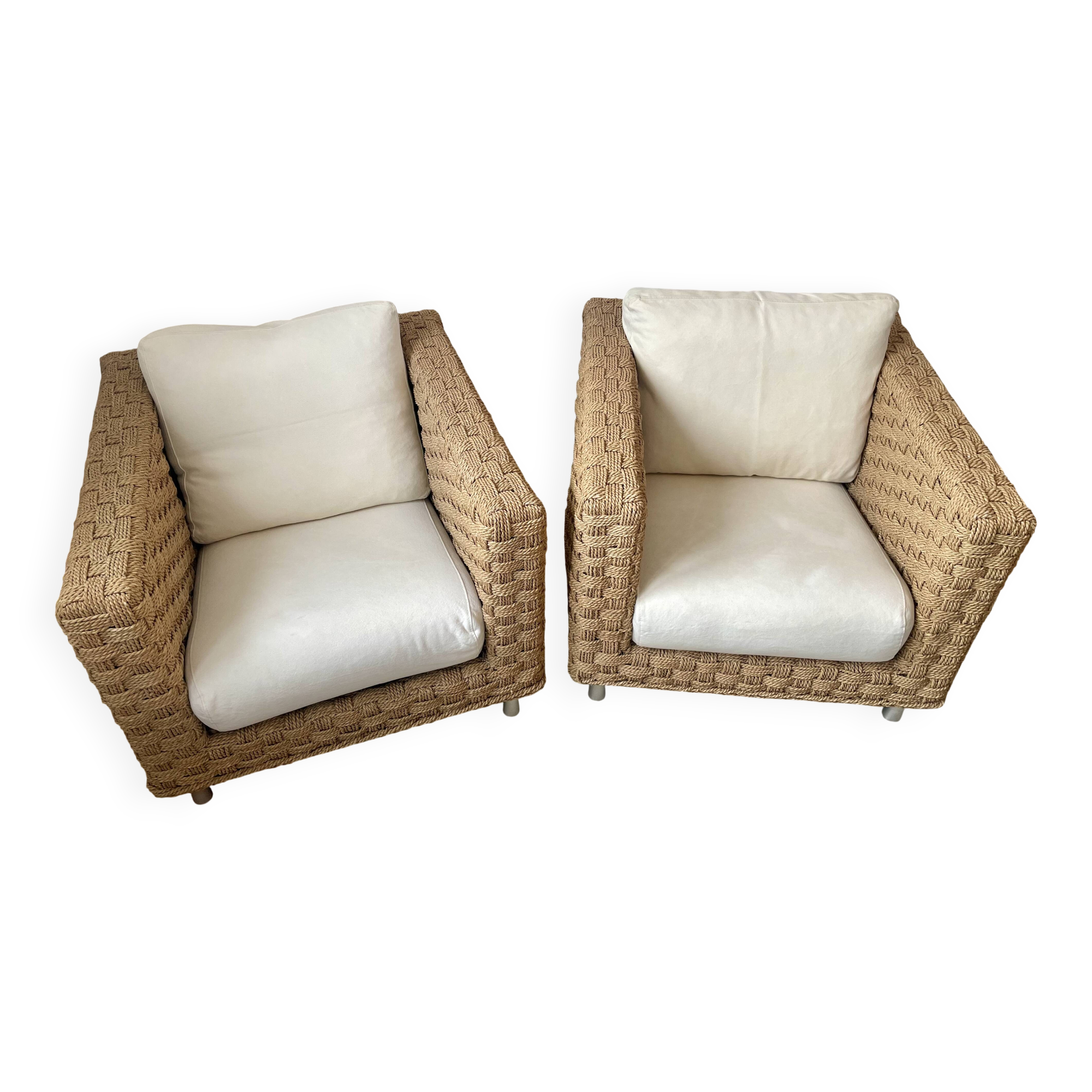 Pair of Ligne Roset Wicky armchairs by Didier Gomez in braided rope.