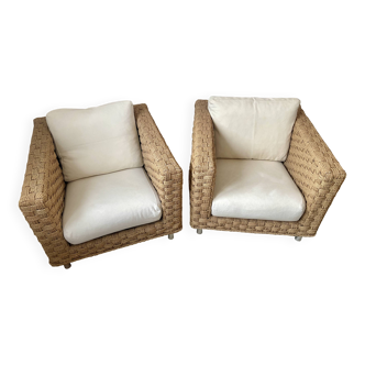 Pair of Ligne Roset Wicky armchairs by Didier Gomez in braided rope.