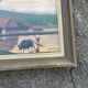 Large naive oil painting signed Medrano: rice field and buffalo, village with roofs of