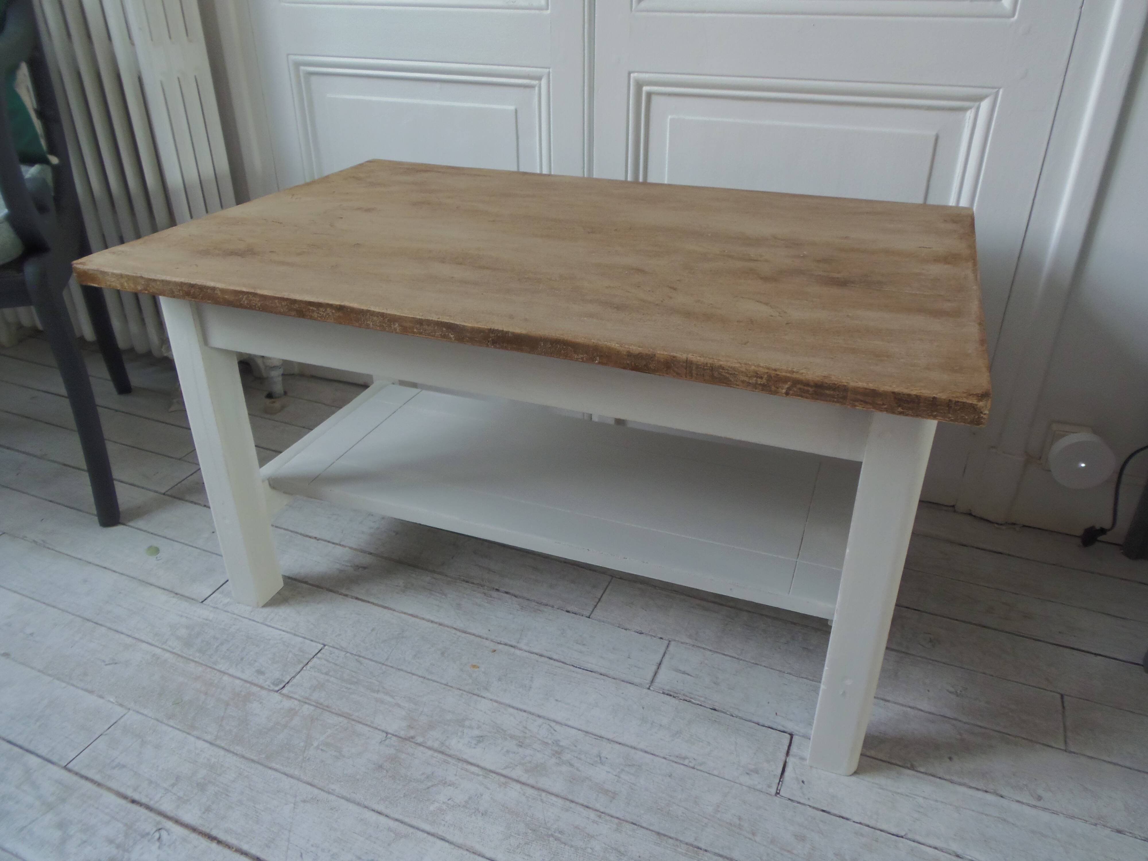 Coffee table made from a vintage table, pearl gray patina, wooden top.