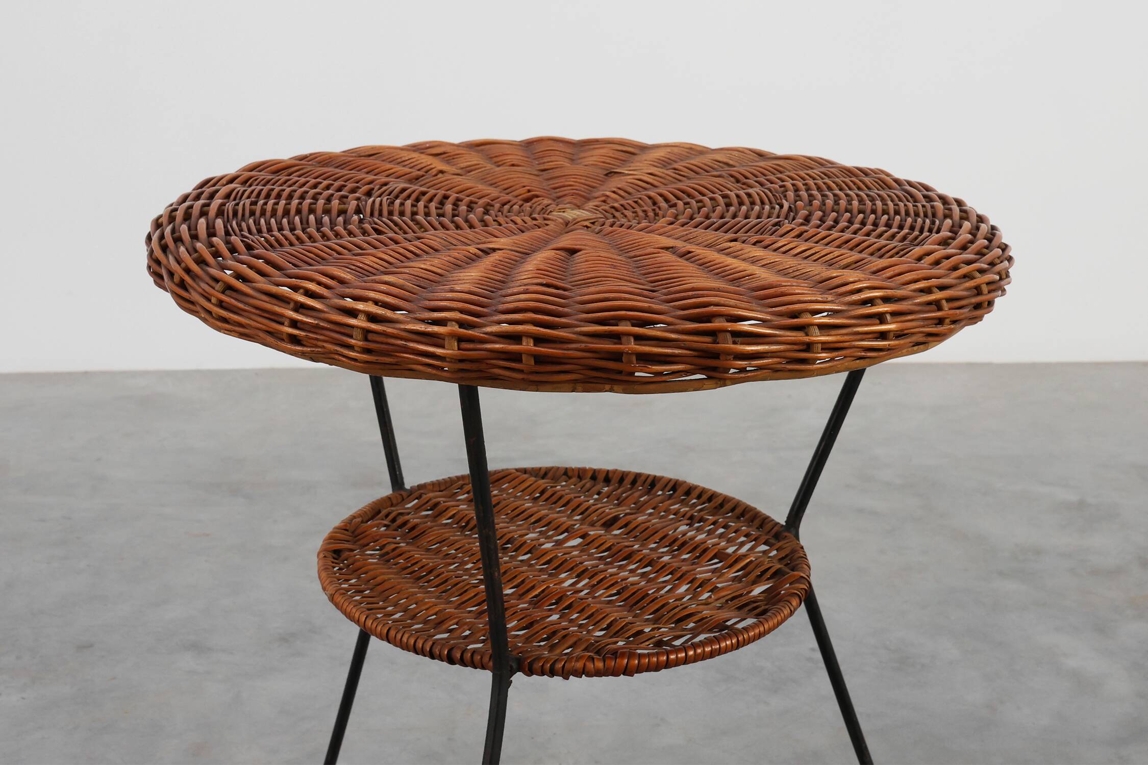 Mid-Century Woven Rattan, Wicker and Iron 2-Tier Round Coffee Table, Italy