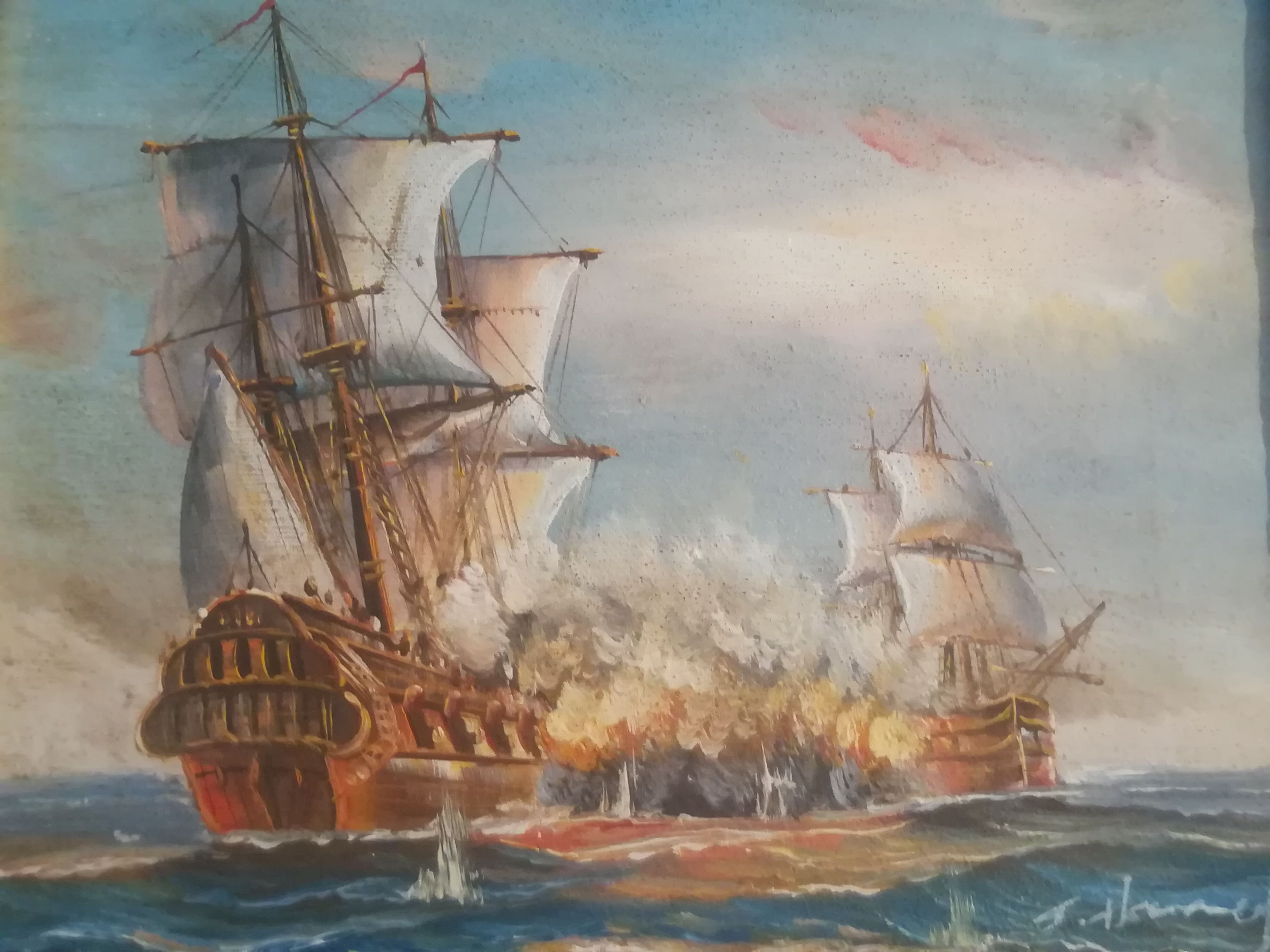 Oil on canvas signed Haney marine in gold frame