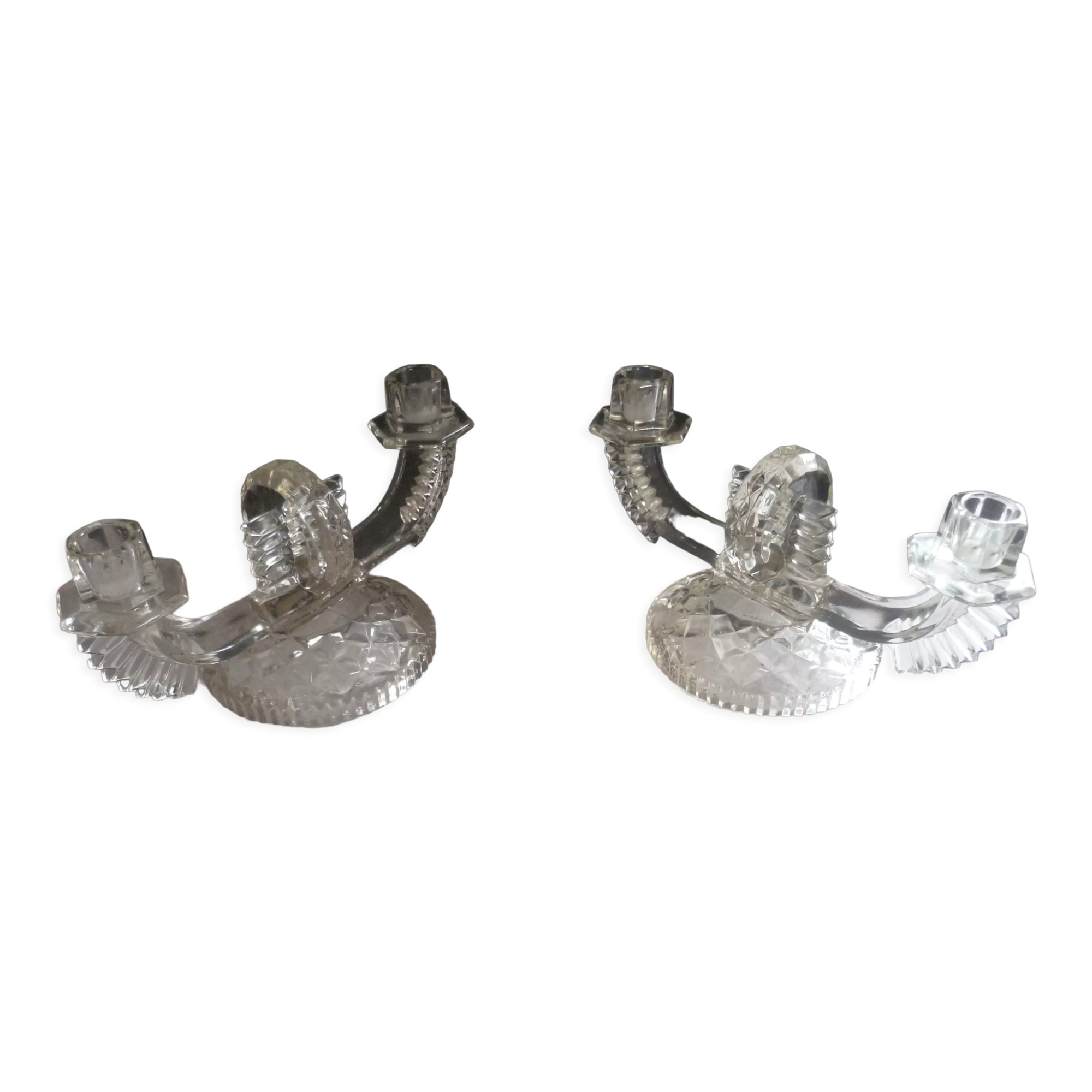 Paire de chandeliers 2 bougies en verre art deco Tchecoslovaquie