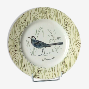 Flat plate in faience of gien the wagtail old signature