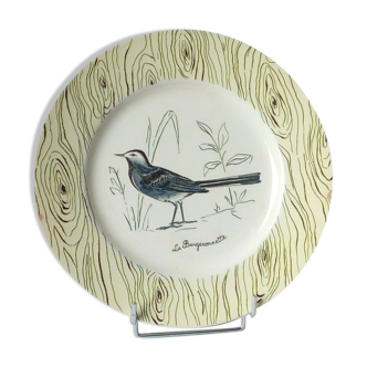 Flat plate in faience of gien the wagtail old signature