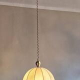 Large leather, vellum and brass Italian cocoon chandelier, Italy 1950s