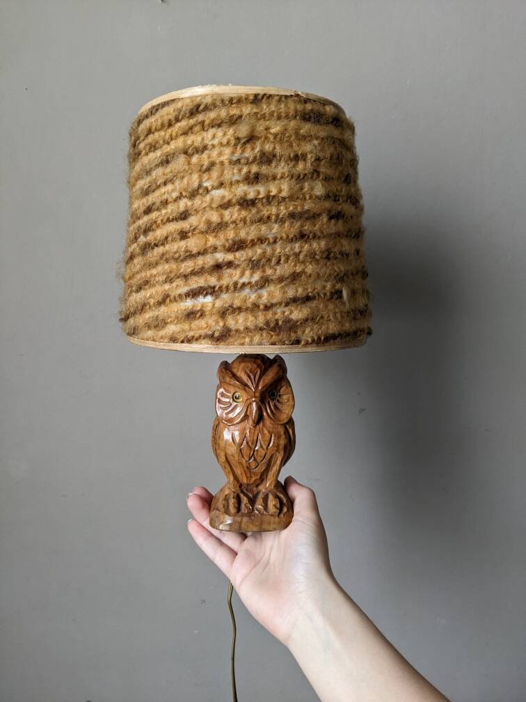 Vintage owl lamp with wool lampshade, handmade