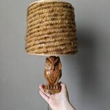 Vintage owl lamp with wool lampshade, handmade