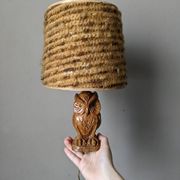 Vintage owl lamp with wool lampshade, handmade