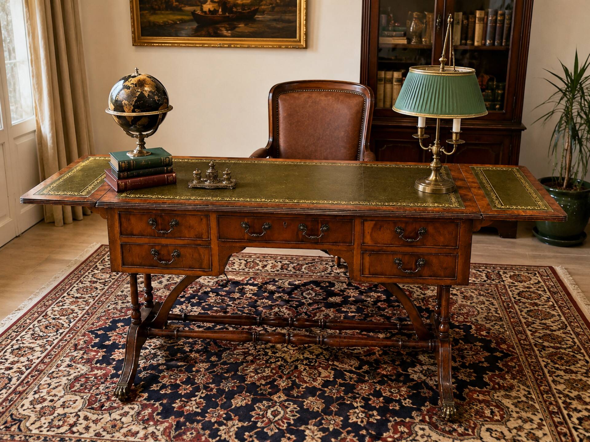 English mahogany double-sided desk with extensions
