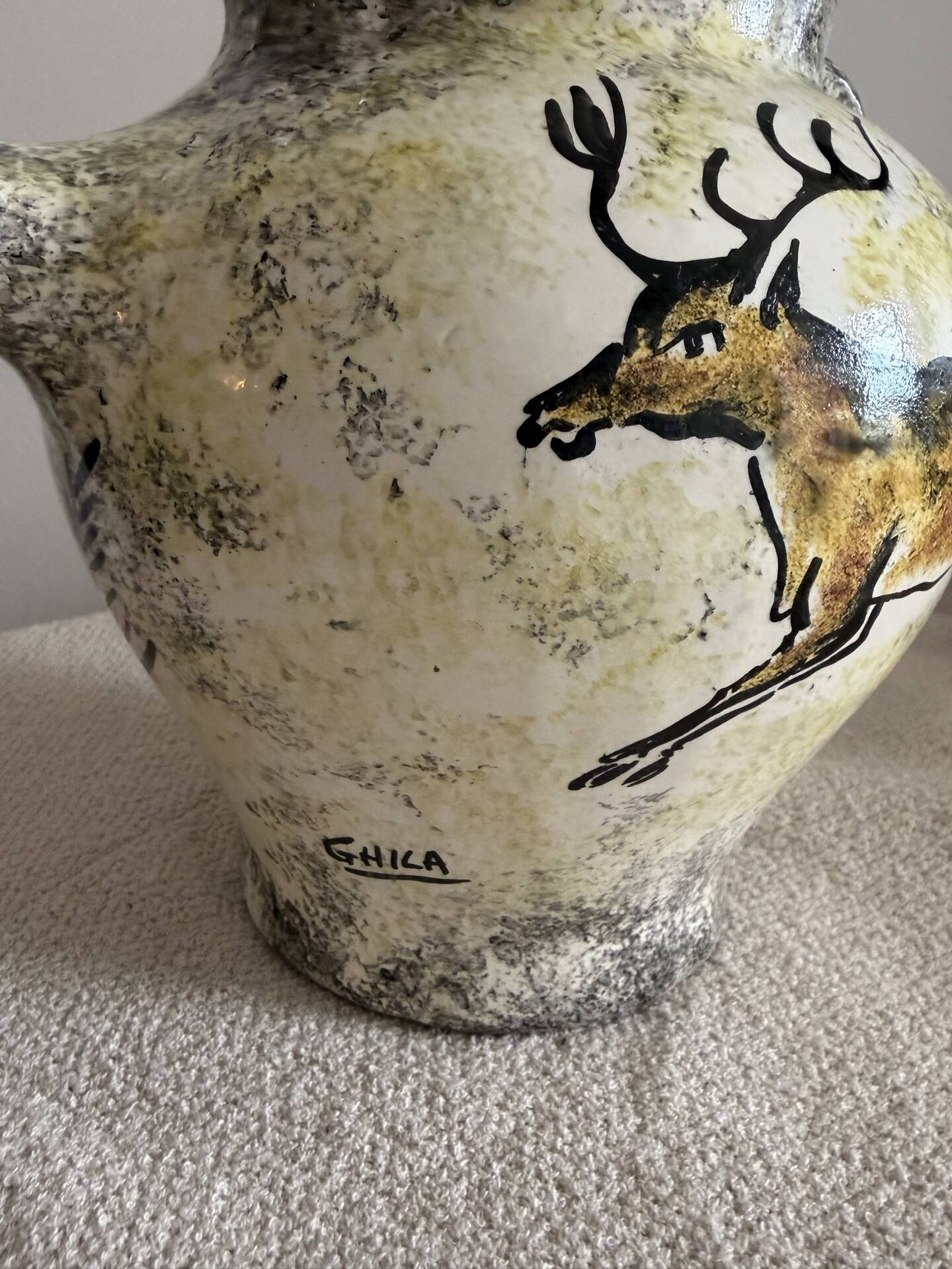 Vintage French Studio Ceramic Pitcher by Ghila – Lascaux Cave Art Styl