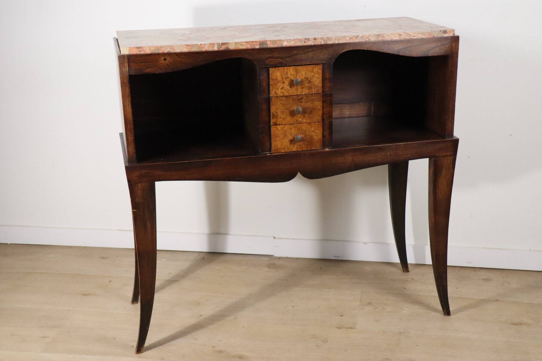 Vintage wooden and marble console table – classic style curved legs, 1950s