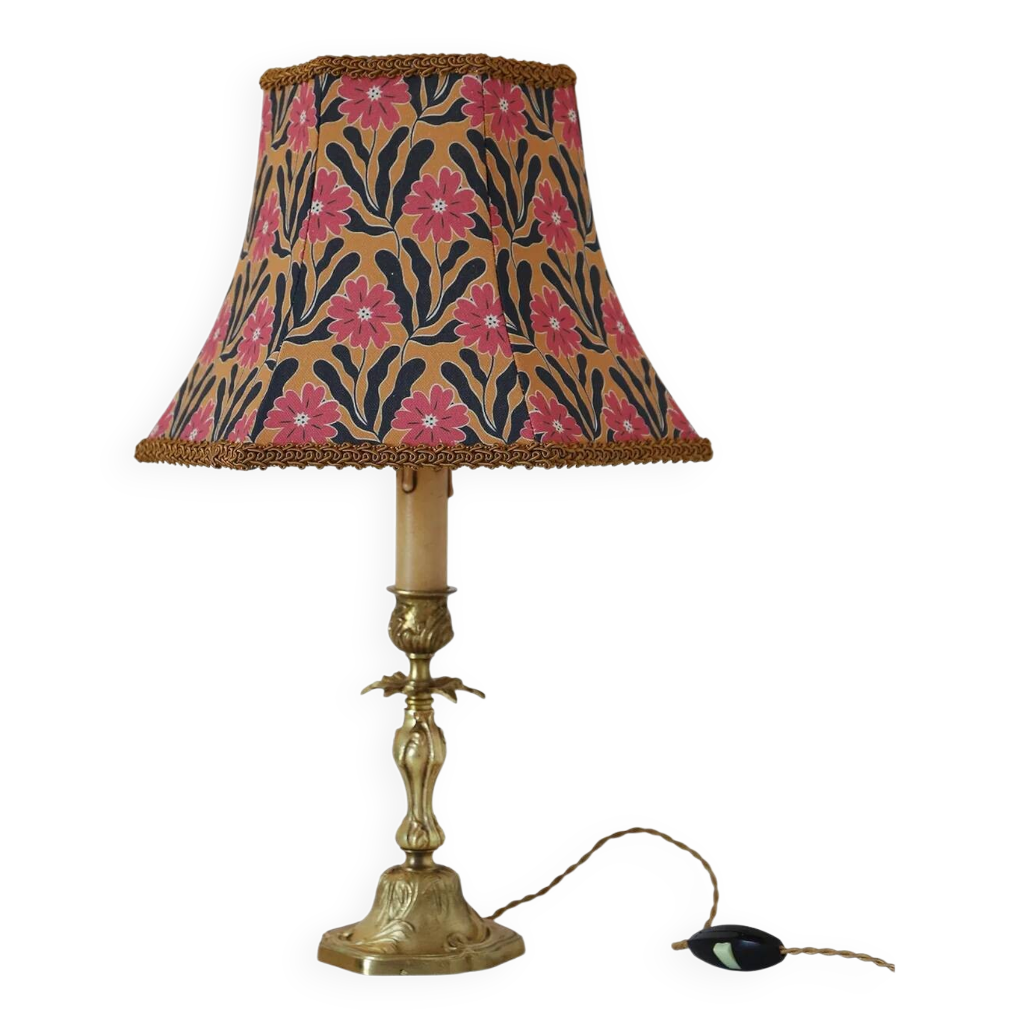 Recycled vintage lamp — antique bronze candlestick base and graphic flowers